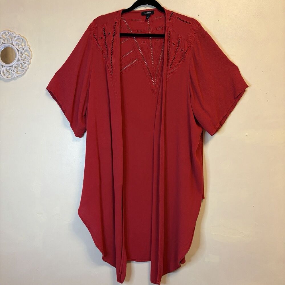 Torrid Red Crinkle Gauze Short Sleeve Open Kimono Top Plus Size 3/4